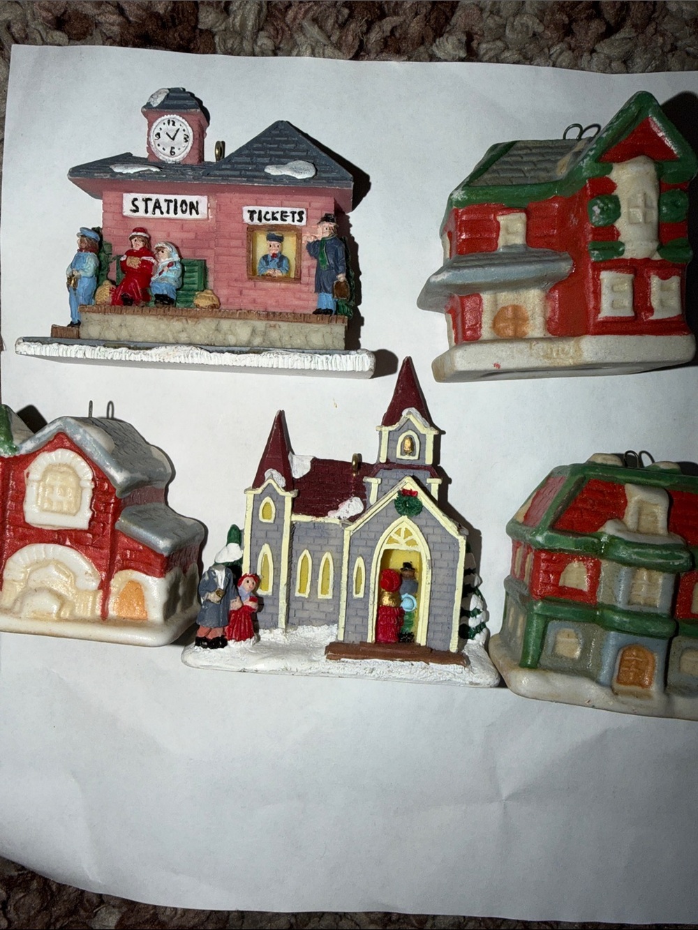 Holiday Ceramic Village Ornament Set - Red, Green, Gray